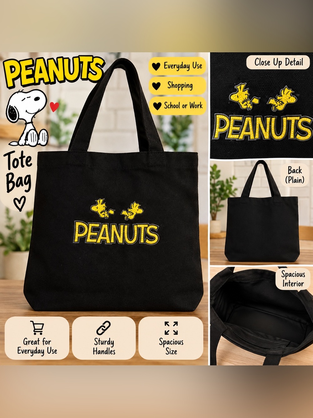 Snoopy Peanuts Diamond Art Black Canvas Tote Bag Sparkly Everyday Shopper